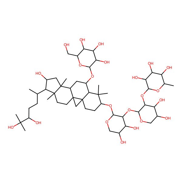 2D Structure of 2-[2-[2-[[15-(5,6-Dihydroxy-6-methylheptan-2-yl)-14-hydroxy-7,7,12,16-tetramethyl-9-[3,4,5-trihydroxy-6-(hydroxymethyl)oxan-2-yl]oxy-6-pentacyclo[9.7.0.01,3.03,8.012,16]octadecanyl]oxy]-4,5-dihydroxyoxan-3-yl]oxy-4,5-dihydroxyoxan-3-yl]oxy-6-methyloxane-3,4,5-triol