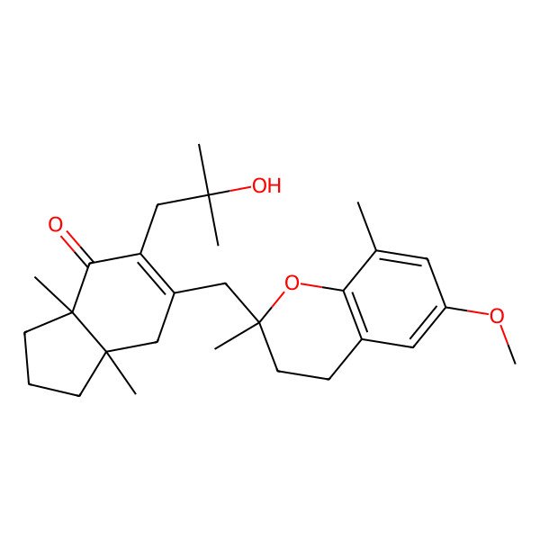 2D Structure of 5-(2-Hydroxy-2-methylpropyl)-6-[(6-methoxy-2,8-dimethyl-3,4-dihydrochromen-2-yl)methyl]-3a,7a-dimethyl-1,2,3,7-tetrahydroinden-4-one