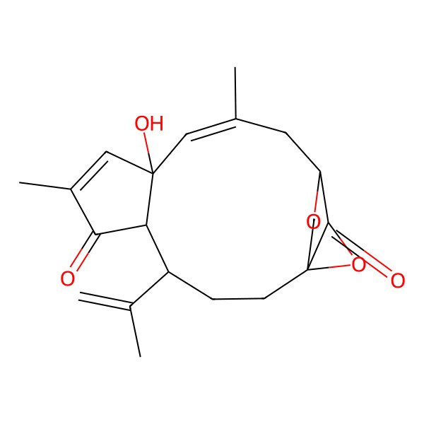 2D Structure of (10E)-9-hydroxy-7,11-dimethyl-4-prop-1-en-2-yl-15,17-dioxatetracyclo[11.2.2.01,14.05,9]heptadeca-7,10-diene-6,16-dione