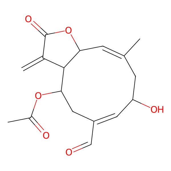 2D Structure of [(3aS,4S,6E,8S,10E,11aR)-6-formyl-8-hydroxy-10-methyl-3-methylidene-2-oxo-3a,4,5,8,9,11a-hexahydrocyclodeca[b]furan-4-yl] acetate