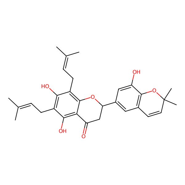 2D Structure of (2S)-5,7-dihydroxy-2-(8-hydroxy-2,2-dimethylchromen-6-yl)-6,8-bis(3-methylbut-2-enyl)-2,3-dihydrochromen-4-one