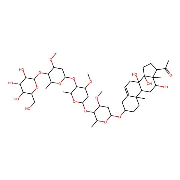 2D Structure of 1-[(3S,8S,9R,10R,12R,13S,14R,17S)-8,12,14-trihydroxy-3-[(2R,4S,5R,6R)-4-methoxy-5-[(2S,4S,5R,6R)-4-methoxy-5-[(2S,4R,5S,6R)-4-methoxy-6-methyl-5-[(2S,3R,4S,5S,6R)-3,4,5-trihydroxy-6-(hydroxymethyl)oxan-2-yl]oxyoxan-2-yl]oxy-6-methyloxan-2-yl]oxy-6-methyloxan-2-yl]oxy-10,13-dimethyl-2,3,4,7,9,11,12,15,16,17-decahydro-1H-cyclopenta[a]phenanthren-17-yl]ethanone
