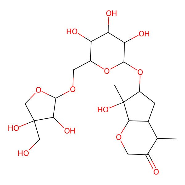 2D Structure of 6-[6-[[3,4-dihydroxy-4-(hydroxymethyl)oxolan-2-yl]oxymethyl]-3,4,5-trihydroxyoxan-2-yl]oxy-7-hydroxy-4,7-dimethyl-4a,5,6,7a-tetrahydro-4H-cyclopenta[b]pyran-3-one