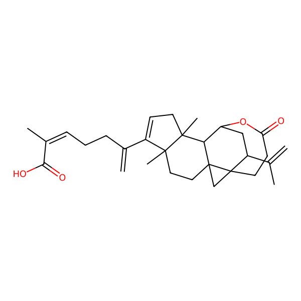 2D Structure of 6-(6,10-Dimethyl-14-oxo-17-prop-1-en-2-yl-13-oxapentacyclo[10.4.2.01,3.03,11.06,10]octadec-7-en-7-yl)-2-methylhepta-2,6-dienoic acid
