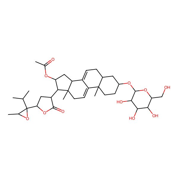 2D Structure of [(3S,5S,10S,13S,14R,16R,17R)-10,13-dimethyl-17-[(3R,5S)-5-[(2R,3S)-3-methyl-2-propan-2-yloxiran-2-yl]-2-oxooxolan-3-yl]-3-[(2R,3R,4S,5S,6R)-3,4,5-trihydroxy-6-(hydroxymethyl)oxan-2-yl]oxy-2,3,4,5,6,12,14,15,16,17-decahydro-1H-cyclopenta[a]phenanthren-16-yl] acetate