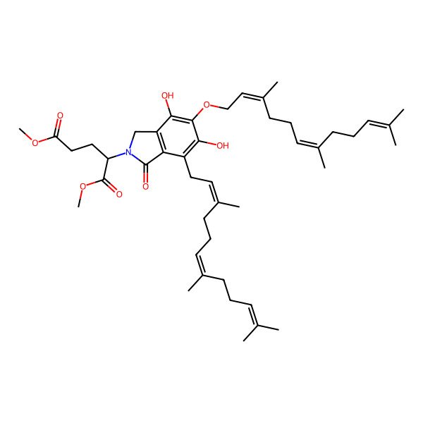 2D Structure of dimethyl 2-[5,7-dihydroxy-3-oxo-6-(3,7,11-trimethyldodeca-2,6,10-trienoxy)-4-(3,7,11-trimethyldodeca-2,6,10-trienyl)-1H-isoindol-2-yl]pentanedioate
