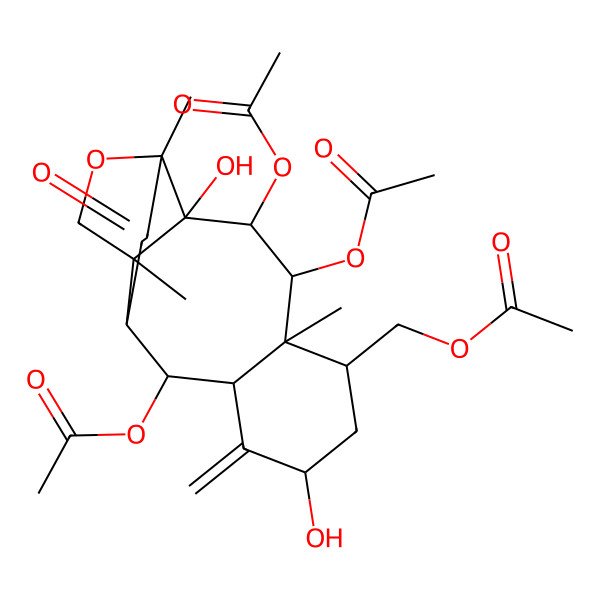 2D Structure of [(1R,2R,3S,4R,5R,6S,8S,10R,11R,12R,15S)-3,4,11-triacetyloxy-2,8-dihydroxy-1,5,15-trimethyl-9-methylidene-14-oxo-16-oxatetracyclo[10.5.0.02,15.05,10]heptadecan-6-yl]methyl acetate