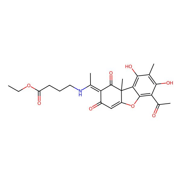 2D Structure of Ethyl 4-[1-(6-acetyl-7,9-dihydroxy-8,9b-dimethyl-1,3-dioxodibenzofuran-2-ylidene)ethylamino]butanoate