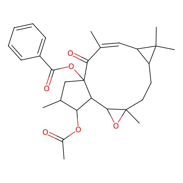 2D Structure of [(1R,2R,4R,7S,9R,10E,13R,15R,16S)-16-acetyloxy-4,8,8,11,15-pentamethyl-12-oxo-3-oxatetracyclo[11.3.0.02,4.07,9]hexadec-10-en-13-yl] benzoate