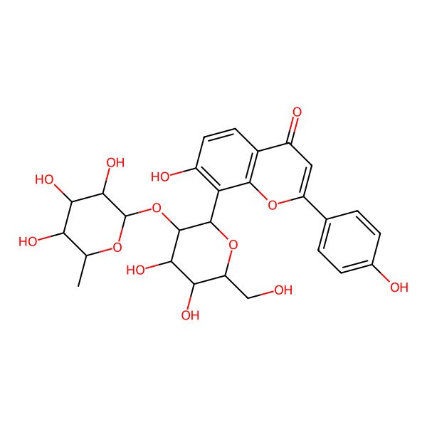 2D Structure of 8-[(2S,4S,5S)-4,5-dihydroxy-6-(hydroxymethyl)-3-[(2S,4S,5R)-3,4,5-trihydroxy-6-methyloxan-2-yl]oxyoxan-2-yl]-7-hydroxy-2-(4-hydroxyphenyl)chromen-4-one