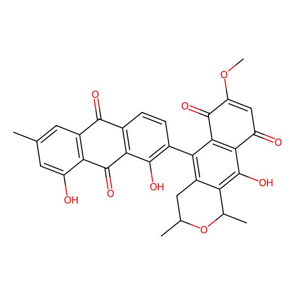 2D Structure of (1R,3S)-5-(1,8-dihydroxy-6-methyl-9,10-dioxoanthracen-2-yl)-10-hydroxy-7-methoxy-1,3-dimethyl-3,4-dihydro-1H-benzo[g]isochromene-6,9-dione