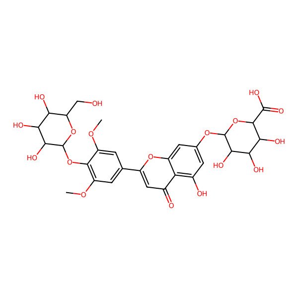 2D Structure of (2S,3S,4S,5R,6S)-6-[2-[3,5-dimethoxy-4-[(2S,3R,4S,5S,6R)-3,4,5-trihydroxy-6-(hydroxymethyl)oxan-2-yl]oxyphenyl]-5-hydroxy-4-oxochromen-7-yl]oxy-3,4,5-trihydroxyoxane-2-carboxylic acid