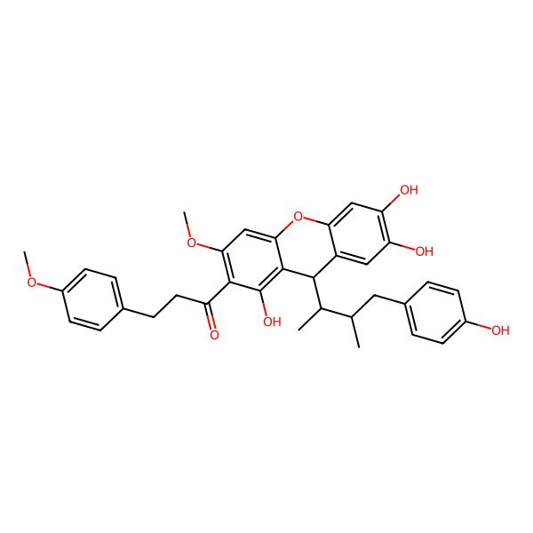 2D Structure of 3-(4-methoxyphenyl)-1-[1,6,7-trihydroxy-9-[4-(4-hydroxyphenyl)-3-methylbutan-2-yl]-3-methoxy-9H-xanthen-2-yl]propan-1-one