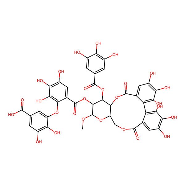 2D Structure of 3-[6-[[(10R,11S,12R,13R,15R)-3,4,5,21,22,23-hexahydroxy-13-methoxy-8,18-dioxo-11-(3,4,5-trihydroxybenzoyl)oxy-9,14,17-trioxatetracyclo[17.4.0.02,7.010,15]tricosa-1(23),2,4,6,19,21-hexaen-12-yl]oxycarbonyl]-2,3,4-trihydroxyphenoxy]-4,5-dihydroxybenzoic acid