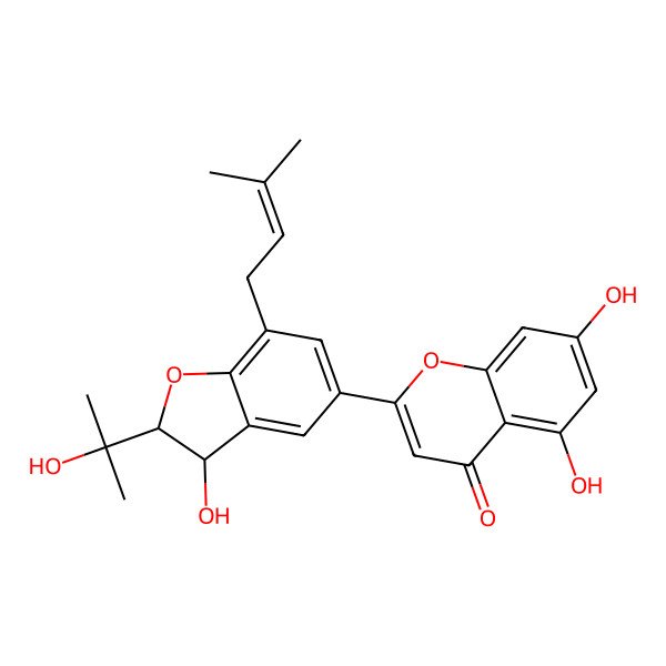 2D Structure of 5,7-dihydroxy-2-[(2S,3S)-3-hydroxy-2-(2-hydroxypropan-2-yl)-7-(3-methylbut-2-enyl)-2,3-dihydro-1-benzofuran-5-yl]chromen-4-one