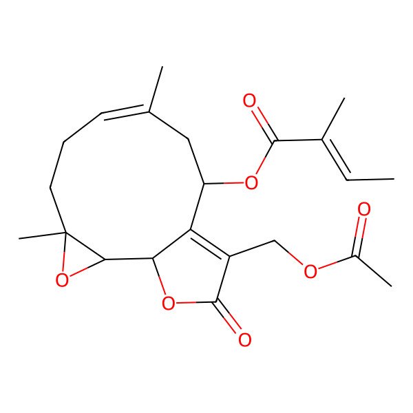 2D Structure of [(1S,2R,4R,7E,10S)-12-(acetyloxymethyl)-4,8-dimethyl-13-oxo-3,14-dioxatricyclo[9.3.0.02,4]tetradeca-7,11-dien-10-yl] (E)-2-methylbut-2-enoate