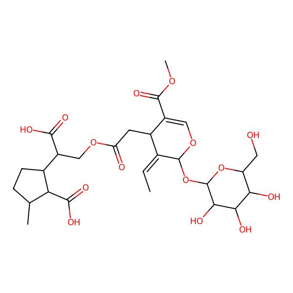 2D Structure of (1R,2S,5S)-2-[(1S)-1-carboxy-2-[2-[(2S,3E,4S)-3-ethylidene-5-methoxycarbonyl-2-[(2S,3R,4S,5S,6R)-3,4,5-trihydroxy-6-(hydroxymethyl)oxan-2-yl]oxy-4H-pyran-4-yl]acetyl]oxyethyl]-5-methylcyclopentane-1-carboxylic acid