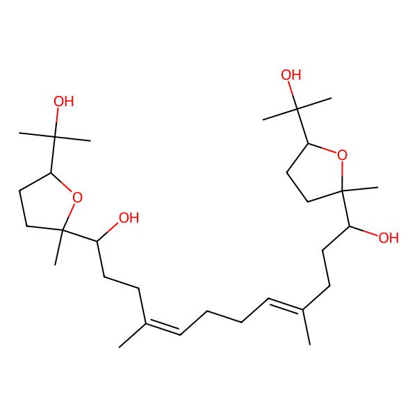 2D Structure of (1R,4E,8E,12R)-1-[(2R,5R)-5-(2-hydroxypropan-2-yl)-2-methyloxolan-2-yl]-12-[(2S,5R)-5-(2-hydroxypropan-2-yl)-2-methyloxolan-2-yl]-4,9-dimethyldodeca-4,8-diene-1,12-diol