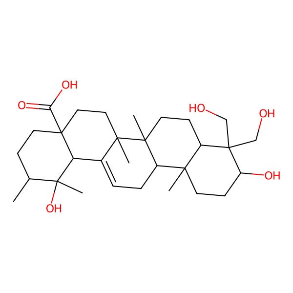2D Structure of (1R,2R,4aS,6aR,6aS,6bR,8aR,10R,12aR,14bR)-1,10-dihydroxy-9,9-bis(hydroxymethyl)-1,2,6a,6b,12a-pentamethyl-2,3,4,5,6,6a,7,8,8a,10,11,12,13,14b-tetradecahydropicene-4a-carboxylic acid