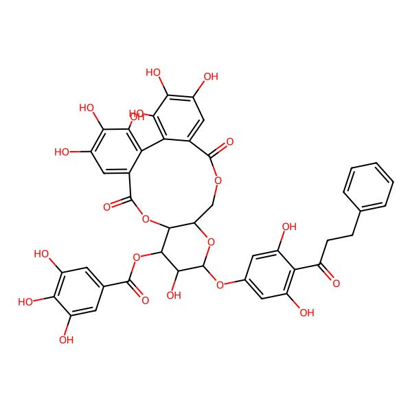 2D Structure of [13-[3,5-Dihydroxy-4-(3-phenylpropanoyl)phenoxy]-3,4,5,12,21,22,23-heptahydroxy-8,18-dioxo-9,14,17-trioxatetracyclo[17.4.0.02,7.010,15]tricosa-1(23),2,4,6,19,21-hexaen-11-yl] 3,4,5-trihydroxybenzoate