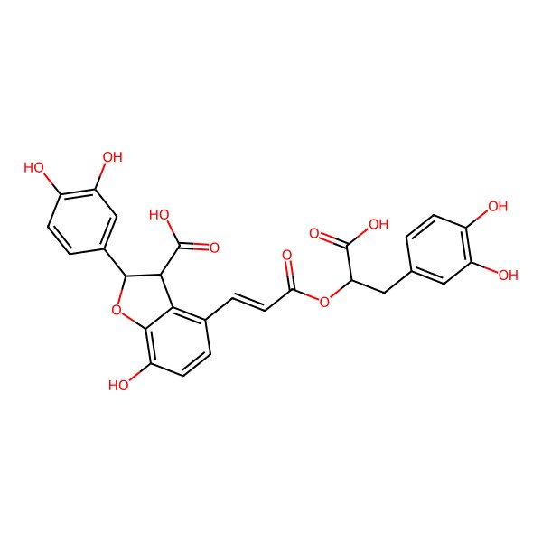 2D Structure of (2R,3R)-4-[(1E)-3-[(1R)-1-Carboxy-2-(3,4-dihydroxyphenyl)ethoxy]-3-oxo-1-propen-1-yl]-2-(3,4-dihydroxyphenyl)-2,3-dihydro-7-hydroxy-3-benzofurancarboxylic acid