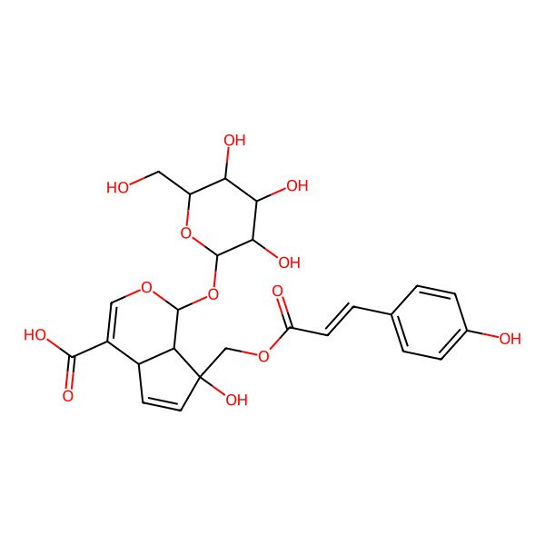2D Structure of (1R,4aR,7S,7aR)-7-hydroxy-7-[[(E)-3-(4-hydroxyphenyl)prop-2-enoyl]oxymethyl]-1-[(2R,3S,4R,5R,6S)-3,4,5-trihydroxy-6-(hydroxymethyl)oxan-2-yl]oxy-4a,7a-dihydro-1H-cyclopenta[c]pyran-4-carboxylic acid