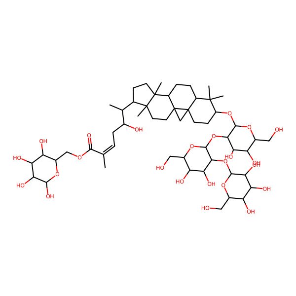 2D Structure of [(2R,3S,4S,5R,6R)-3,4,5,6-tetrahydroxyoxan-2-yl]methyl (E,5S,6S)-6-[(1S,3R,6S,8S,11S,12S,15R,16R)-6-[(2R,3R,4S,5S,6R)-3-[(2S,3R,4S,5S,6R)-4,5-dihydroxy-6-(hydroxymethyl)-3-[(2S,3R,4S,5S,6R)-3,4,5-trihydroxy-6-(hydroxymethyl)oxan-2-yl]oxyoxan-2-yl]oxy-4,5-dihydroxy-6-(hydroxymethyl)oxan-2-yl]oxy-7,7,12,16-tetramethyl-15-pentacyclo[9.7.0.01,3.03,8.012,16]octadecanyl]-5-hydroxy-2-methylhept-2-enoate