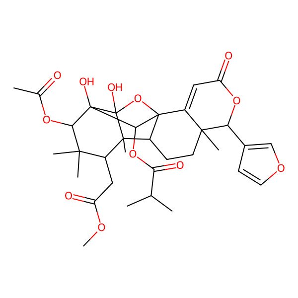 2D Structure of [14-Acetyloxy-6-(furan-3-yl)-15,16-dihydroxy-12-(2-methoxy-2-oxoethyl)-7,11,13,13-tetramethyl-4-oxo-5,17-dioxapentacyclo[13.2.1.01,10.02,7.011,16]octadec-2-en-18-yl] 2-methylpropanoate