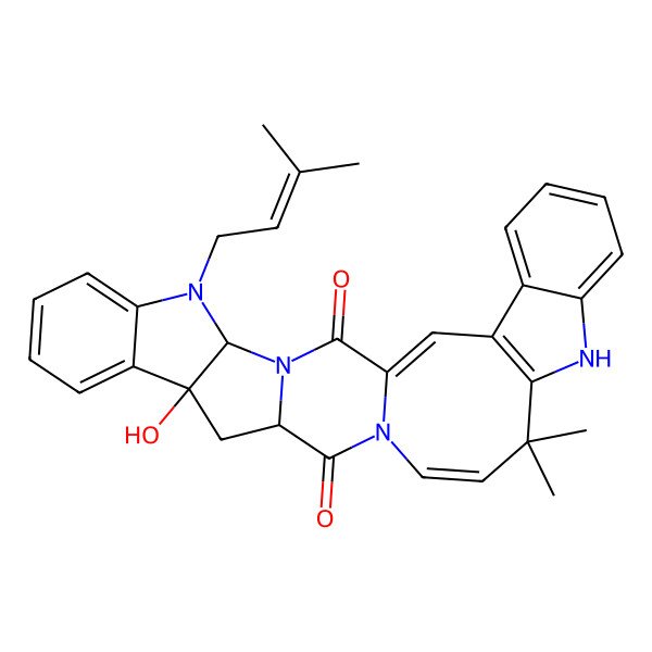 2D Structure of (1Z,4S,12R,14R,17Z)-12-hydroxy-19,19-dimethyl-5-(3-methylbut-2-enyl)-3,5,16,21-tetrazaheptacyclo[14.13.0.03,14.04,12.06,11.020,28.022,27]nonacosa-1(29),6,8,10,17,20(28),22,24,26-nonaene-2,15-dione