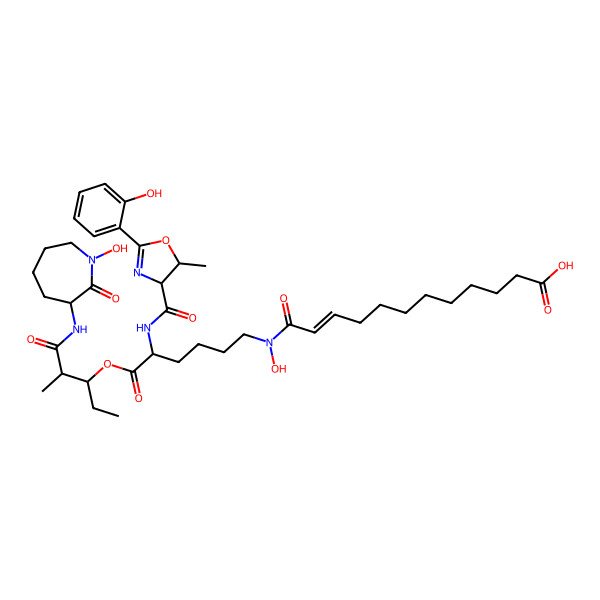 2D Structure of 12-[Hydroxy-[6-[1-[(1-hydroxy-2-oxoazepan-3-yl)amino]-2-methyl-1-oxopentan-3-yl]oxy-5-[[2-(2-hydroxyphenyl)-5-methyl-4,5-dihydro-1,3-oxazole-4-carbonyl]amino]-6-oxohexyl]amino]-12-oxododec-10-enoic acid