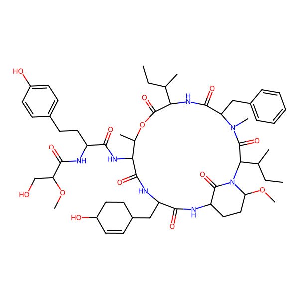 2D Structure of N-[5-benzyl-2,8-di(butan-2-yl)-15-[(4-hydroxycyclohex-2-en-1-yl)methyl]-21-methoxy-4,11-dimethyl-3,6,9,13,16,22-hexaoxo-10-oxa-1,4,7,14,17-pentazabicyclo[16.3.1]docosan-12-yl]-2-[(3-hydroxy-2-methoxypropanoyl)amino]-4-(4-hydroxyphenyl)butanamide