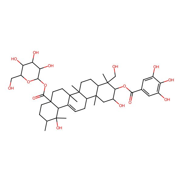 2D Structure of [3,4,5-Trihydroxy-6-(hydroxymethyl)oxan-2-yl] 1,11-dihydroxy-9-(hydroxymethyl)-1,2,6a,6b,9,12a-hexamethyl-10-(3,4,5-trihydroxybenzoyl)oxy-2,3,4,5,6,6a,7,8,8a,10,11,12,13,14b-tetradecahydropicene-4a-carboxylate