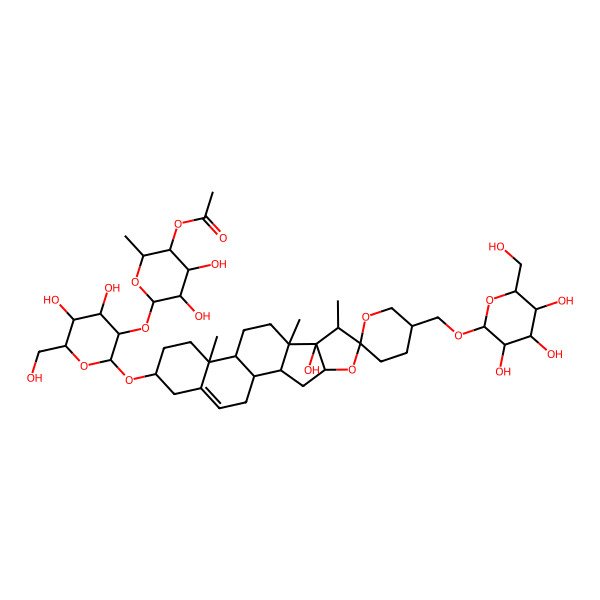 2D Structure of [(2S,3R,4S,5R,6S)-6-[(2R,3R,4S,5S,6R)-4,5-dihydroxy-6-(hydroxymethyl)-2-[(1R,2S,4S,5'S,6R,7S,8S,9S,12S,13R,16S)-8-hydroxy-7,9,13-trimethyl-5'-[[(2R,3R,4S,5S,6R)-3,4,5-trihydroxy-6-(hydroxymethyl)oxan-2-yl]oxymethyl]spiro[5-oxapentacyclo[10.8.0.02,9.04,8.013,18]icos-18-ene-6,2'-oxane]-16-yl]oxyoxan-3-yl]oxy-4,5-dihydroxy-2-methyloxan-3-yl] acetate