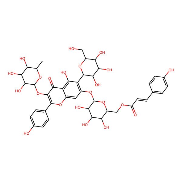 2D Structure of [(2R,3S,4S,5R,6S)-3,4,5-trihydroxy-6-[5-hydroxy-2-(4-hydroxyphenyl)-4-oxo-6-[(2S,3R,4R,5S,6R)-3,4,5-trihydroxy-6-(hydroxymethyl)oxan-2-yl]-3-[(2R,3S,4S,5S,6R)-3,4,5-trihydroxy-6-methyloxan-2-yl]oxychromen-7-yl]oxyoxan-2-yl]methyl (E)-3-(4-hydroxyphenyl)prop-2-enoate