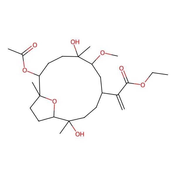 2D Structure of ethyl 2-[(1R,2R,5R,7R,8S,11S,12R)-11-acetyloxy-2,8-dihydroxy-7-methoxy-2,8,12-trimethyl-15-oxabicyclo[10.2.1]pentadecan-5-yl]prop-2-enoate