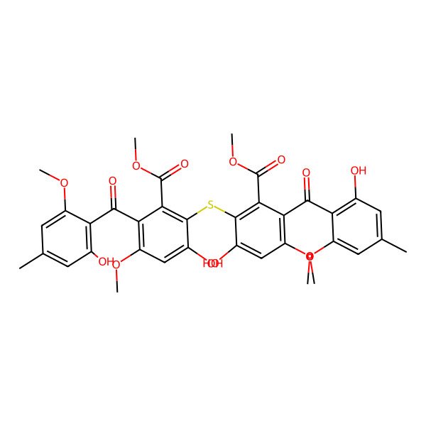 2D Structure of Methyl 3-hydroxy-2-[6-hydroxy-3-(2-hydroxy-6-methoxy-4-methylbenzoyl)-4-methoxy-2-methoxycarbonylphenyl]sulfanyl-6-(2-hydroxy-6-methoxy-4-methylbenzoyl)-5-methoxybenzoate
