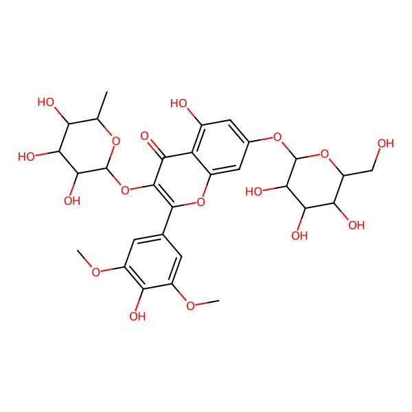 2D Structure of 5-hydroxy-2-(4-hydroxy-3,5-dimethoxyphenyl)-7-[(2S,3R,4S,5S,6R)-3,4,5-trihydroxy-6-(hydroxymethyl)oxan-2-yl]oxy-3-[(2S,3R,4R,5R,6S)-3,4,5-trihydroxy-6-methyloxan-2-yl]oxychromen-4-one