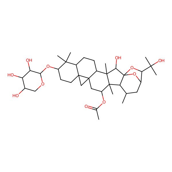 2D Structure of [(1R,2R,3S,4R,7R,9S,12R,14R,16R,17R,18R,19R,22S)-2-hydroxy-22-(2-hydroxypropan-2-yl)-3,8,8,17,19-pentamethyl-9-[(2S,3R,4S,5S)-3,4,5-trihydroxyoxan-2-yl]oxy-23,24-dioxaheptacyclo[19.2.1.01,18.03,17.04,14.07,12.012,14]tetracosan-16-yl] acetate