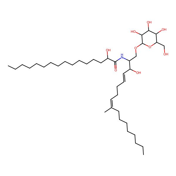 2D Structure of (2S,3R,4E,8E)-1-(beta-D-glucopyranosyl)-3-hydroxy-2-[(R)-2'-hydroxyhexadecanoyl]amino-9-methyl-4,8-heptadecadiene