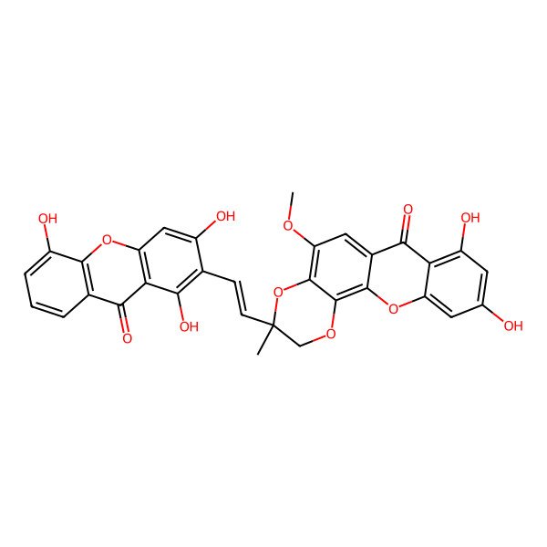 2D Structure of 8,10-dihydroxy-5-methoxy-3-methyl-3-[2-(1,3,5-trihydroxy-9-oxoxanthen-2-yl)ethenyl]-2H-[1,4]dioxino[2,3-c]xanthen-7-one