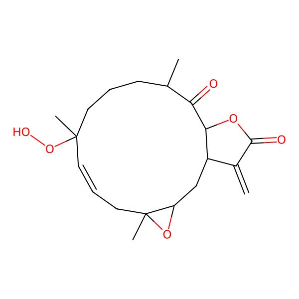 2D Structure of (1R,3S,5S,7E,9R,13S,15R)-9-hydroperoxy-5,9,13-trimethyl-18-methylidene-4,16-dioxatricyclo[13.3.0.03,5]octadec-7-ene-14,17-dione