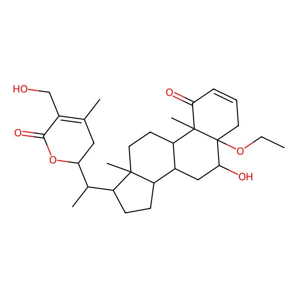 2D Structure of (2R)-2-[(1S)-1-[(5R,6R,8S,9S,10R,13S,14S,17R)-5-ethoxy-6-hydroxy-10,13-dimethyl-1-oxo-6,7,8,9,11,12,14,15,16,17-decahydro-4H-cyclopenta[a]phenanthren-17-yl]ethyl]-5-(hydroxymethyl)-4-methyl-2,3-dihydropyran-6-one