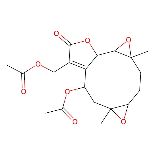 2D Structure of (11-Acetyloxy-4,9-dimethyl-14-oxo-3,8,15-trioxatetracyclo[10.3.0.02,4.07,9]pentadec-12-en-13-yl)methyl acetate