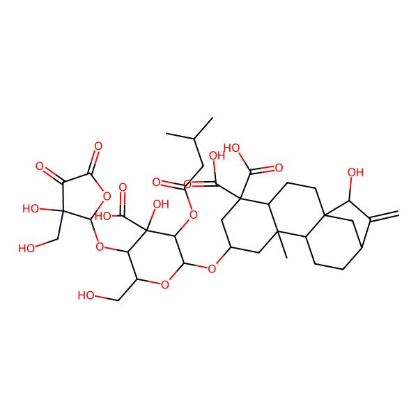 2D Structure of (1R,4S,7S,9S,10S,13R,15R)-7-[(2R,3R,4R,5R,6R)-4-carboxy-4-hydroxy-5-[(2S,3S)-3-hydroxy-3-(hydroxymethyl)-4,5-dioxooxolan-2-yl]oxy-6-(hydroxymethyl)-3-(3-methylbutanoyloxy)oxan-2-yl]oxy-15-hydroxy-9-methyl-14-methylidenetetracyclo[11.2.1.01,10.04,9]hexadecane-5,5-dicarboxylic acid