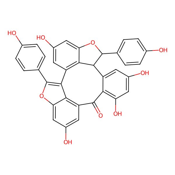 2D Structure of 7,12,14,22-Tetrahydroxy-3,18-bis(4-hydroxyphenyl)-4,19-dioxahexacyclo[15.6.1.12,5.011,16.020,24.09,25]pentacosa-1(24),2,5,7,9(25),11(16),12,14,20,22-decaen-10-one