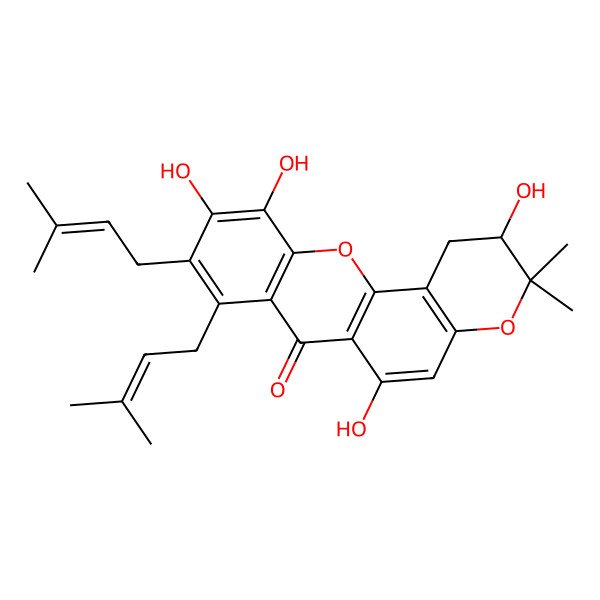 2D Structure of (2S)-2,6,10,11-tetrahydroxy-3,3-dimethyl-8,9-bis(3-methylbut-2-enyl)-1,2-dihydropyrano[2,3-c]xanthen-7-one