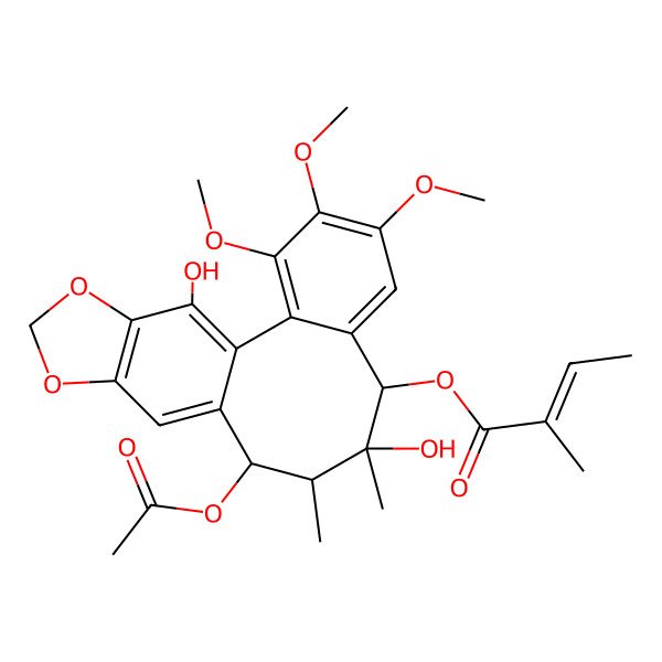 2D Structure of [(8S,9R,10S,11S)-11-acetyloxy-9,19-dihydroxy-3,4,5-trimethoxy-9,10-dimethyl-15,17-dioxatetracyclo[10.7.0.02,7.014,18]nonadeca-1(19),2,4,6,12,14(18)-hexaen-8-yl] (Z)-2-methylbut-2-enoate
