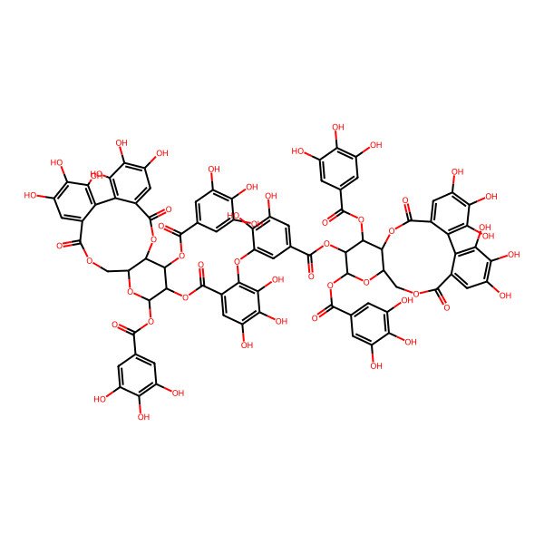 2D Structure of [(10R,11S,12R,13S,15R)-3,4,5,21,22,23-hexahydroxy-8,18-dioxo-11,13-bis[(3,4,5-trihydroxybenzoyl)oxy]-9,14,17-trioxatetracyclo[17.4.0.02,7.010,15]tricosa-1(23),2,4,6,19,21-hexaen-12-yl] 2-[5-[[(10R,11S,12R,13S,15R)-3,4,5,21,22,23-hexahydroxy-8,18-dioxo-11,13-bis[(3,4,5-trihydroxybenzoyl)oxy]-9,14,17-trioxatetracyclo[17.4.0.02,7.010,15]tricosa-1(23),2,4,6,19,21-hexaen-12-yl]oxycarbonyl]-2,3-dihydroxyphenoxy]-3,4,5-trihydroxybenzoate