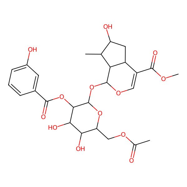 2D Structure of methyl (1S,4aS,6S,7R,7aS)-1-[(2S,3R,4S,5S,6R)-6-(acetyloxymethyl)-4,5-dihydroxy-3-(3-hydroxybenzoyl)oxyoxan-2-yl]oxy-6-hydroxy-7-methyl-1,4a,5,6,7,7a-hexahydrocyclopenta[c]pyran-4-carboxylate