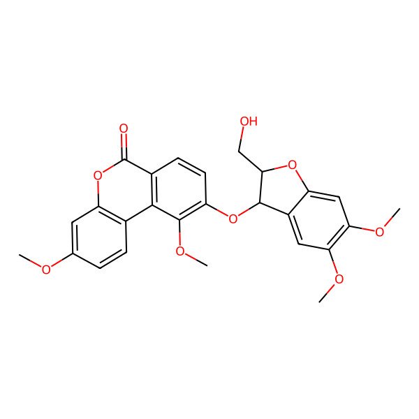 2D Structure of 9-[[2-(Hydroxymethyl)-5,6-dimethoxy-2,3-dihydro-1-benzofuran-3-yl]oxy]-3,10-dimethoxybenzo[c]chromen-6-one